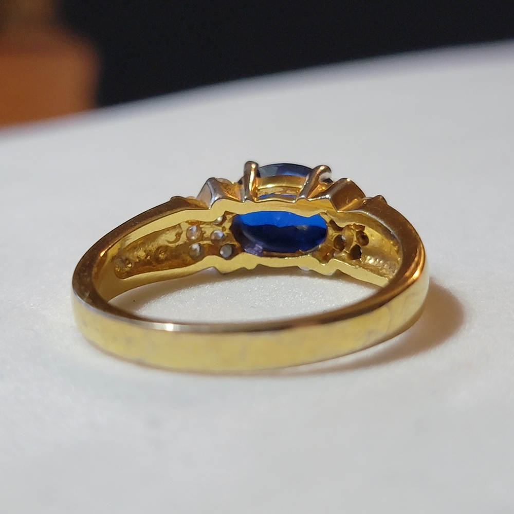 Oval Cut Blue Sapphire and Diamond Simulated Stone Ring Size 12.5 Gold Tone - Picture 7 of 10